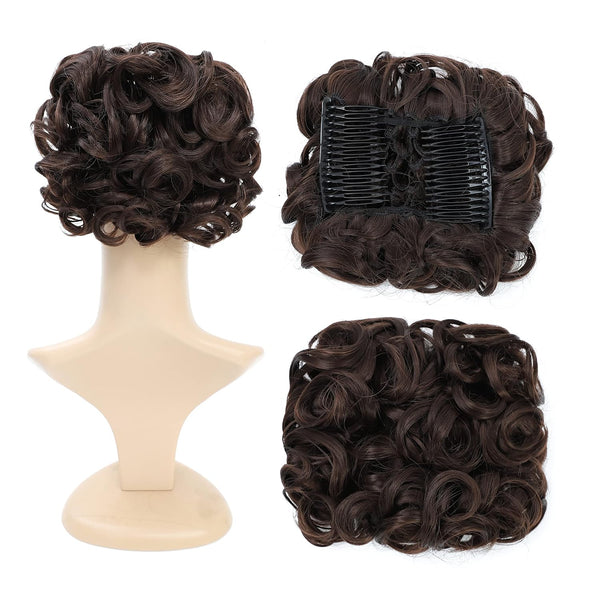 SWACC Short Messy Curly Dish Hair Bun Extension, Easy Stretch Combs, Clip in Ponytail, Dark Brown-4#