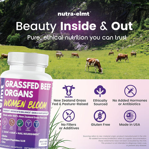 NUTRA ELMT 5 60 Beef Organ Supplement for Women (Made in USA) Enhanced w Biotin, Collagen Peptides & Zinc - Organ Blend