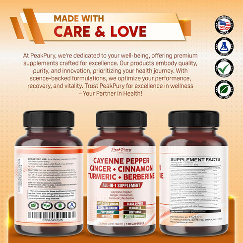 Cayenne Pepper 8000mg, Ginger 3000mg, Turmeric 2500mg, Berberine 2500mg - Digestion & Gut Health Support - Made in USA