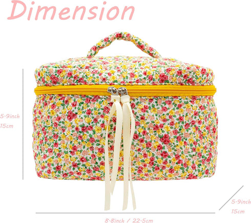 PAZIMIIK Cotton Makeup Bag for Women - Large Quilted Travel Cosmetic Case with Little Flower Design