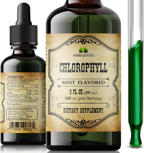 Chlorophyll Liquid Drops – Organic Detox & Cleanse Support – Boost Energy, Immunity & Metabolism – 2 fl oz Mint Flavor