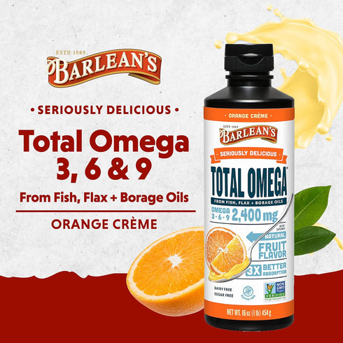 Total Omega 3 Fish Oil Liquid Supplement, Barlean's - Orange Crème Flavored, 16 oz
