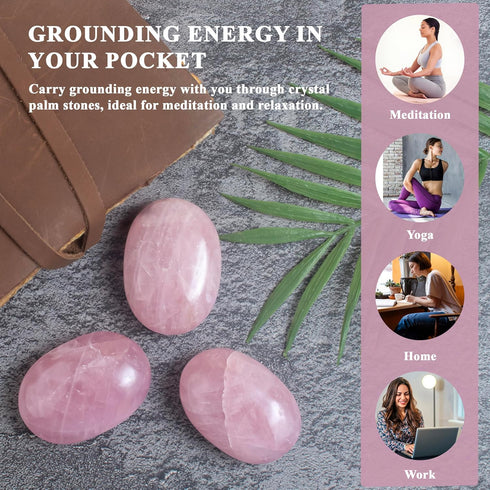 55-60mm Pink Agate Palm Stone, Worry Stone Natural Chakra Healing, Hand Carved Crystal for Meditation