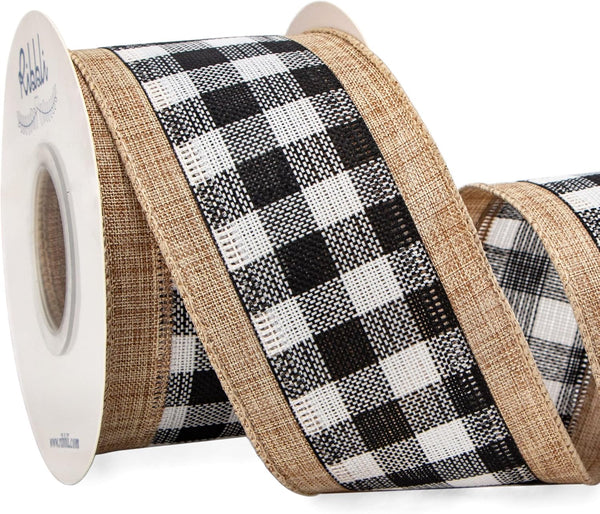 Ribbli Christmas Burlap Wired Ribbon, Buffalo Plaid with Burlap Ribbon 2-1/2 Inch x Continuous 10 Yard, Christmas Ribbon for Tree, Gift Wrapping, Big Bow, Wreath-Black/White/Natural by Ribbli