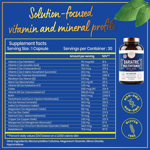 Bariatric Multivitamin with Iron - 45mg Iron Easy to Swallow Vitamins for Women and Men - 30 Caps