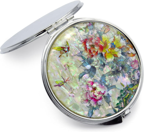MADDesign Mother of Pearl Compact Makeup Mirror, Folding Magnify, Butterfly Flowers, Pink Yellow