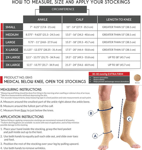 Truform 30-40 mmHg Compression Stockings for Men and Women, Knee High Length, Open Toe, Black, Small