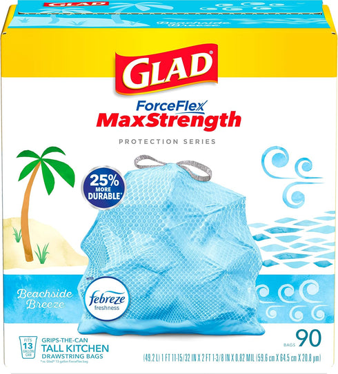 Glad ForceFlex MaxStrength Tall Kitchen Trash Bags | 13 Gal | Beachside Breeze | 90 Ct | Pack May Vary
