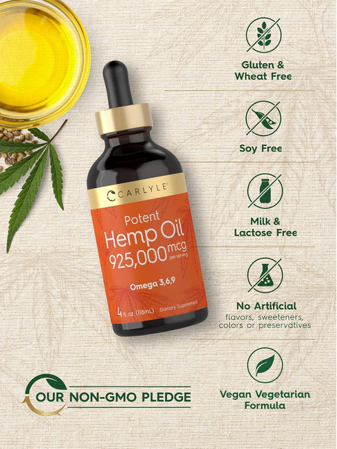 Carlyle Hemp Seed Oil 925000 mcg - Vegetarian, Non-GMO, Gluten Free, Cold Pressed