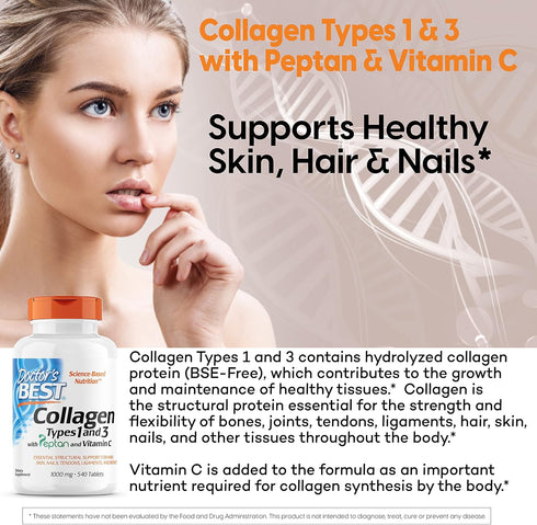 Doctor's Best Collagen Types 1 & 3, Non-GMO, Gluten Free, 1000 Mg, 540 Tablets, Supports Hair, Skin, Nails