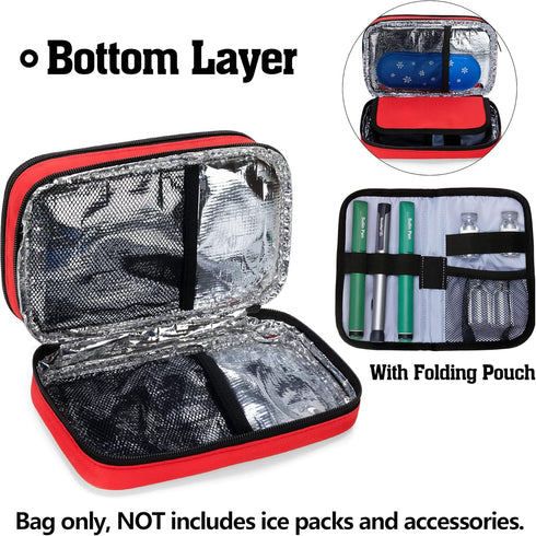CURMIO Insulated Insulin Cooler Travel Case, Double Layer Storage Bag for Diabetic Supplies, Red, Empty Bag Only