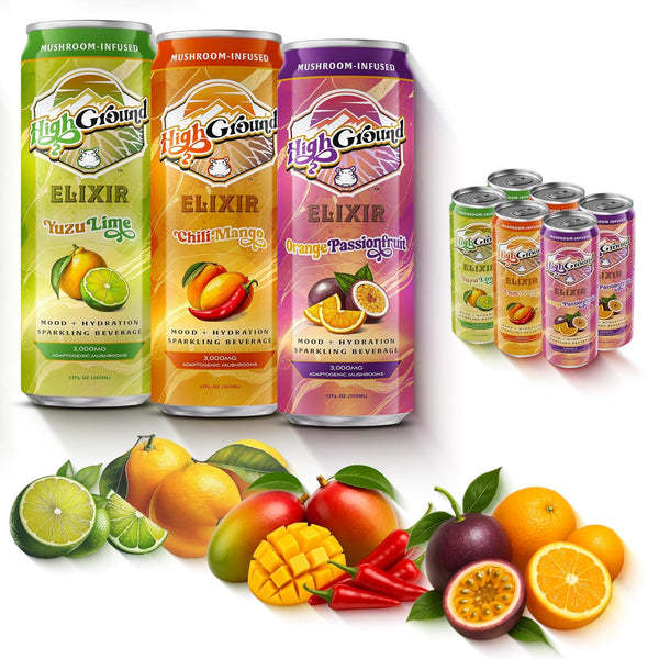 High Ground Elixir Mushroom Seltzer Variety Pack | Lions Mane for Focus,