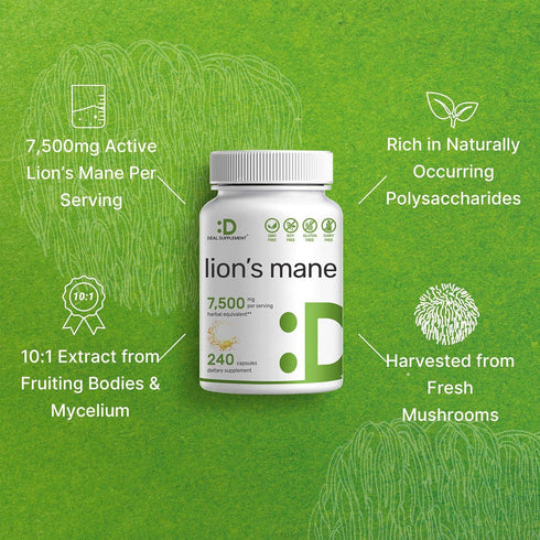 Lions Mane Mushroom Supplement, 7,500mg Per Serving, 240 Capsules - Natural Brain Nootropic Booster