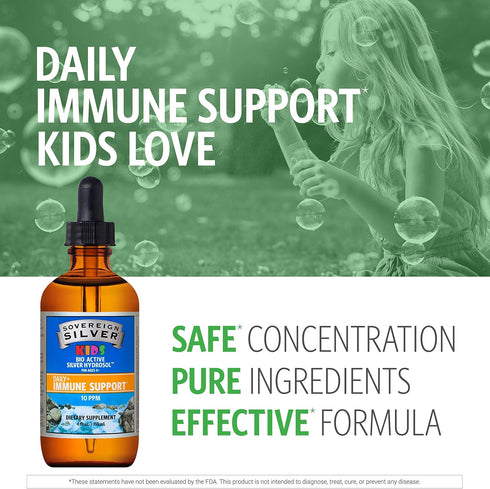 Sovereign Silver Kids Immune Support, Colloidal Silver Bio-Active Silver Hydrosol, 10 ppm Liquid Dropper, 4 Fl Oz