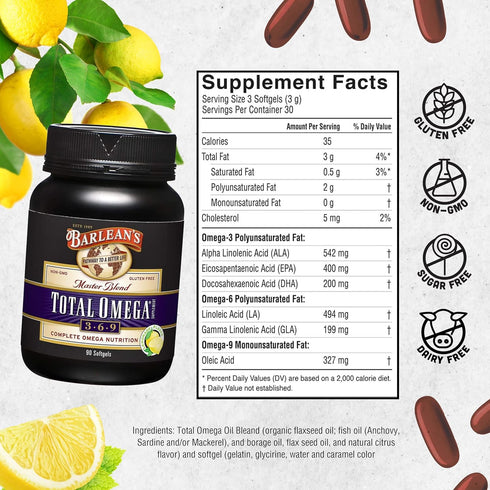 Barlean's Total Omega 3 6 9 Fish Oil Supplement Softgels Blended with Borage and Flaxseed Oil - 1,000 mg Omegas ALA,
