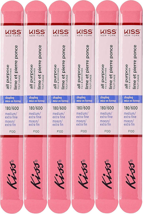 Kiss File All Purpose & Smoother - Pack of 6 Files, 180 Medium, 600 Extra Fine for Natural and Artificial Nails