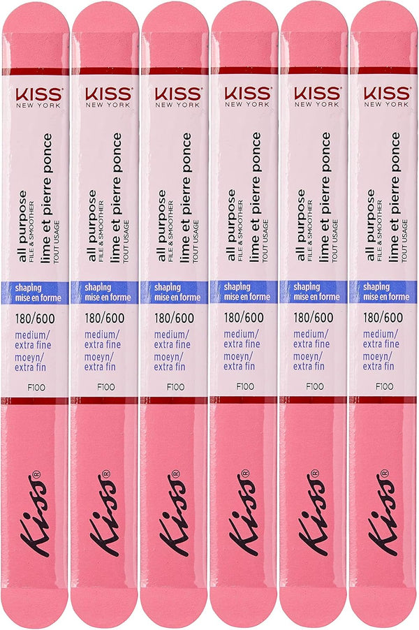 Kiss File All Purpose & Smoother - Pack of 6 Files, 180 Medium, 600 Extra Fine for Natural and Artificial Nails