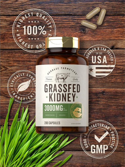 Carlyle Grass Fed Beef Kidney Supplement, 200 Capsules - 3000mg Pasture Raised Desiccated Bovine Supplement
