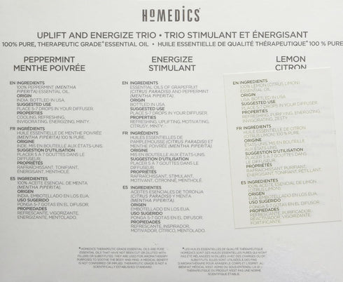 Set, 3-Pack 15ml Homedics Essential Oil Uplift and Energize with Lemon Citrol, Peppermint Menthe Poivree, and Energize