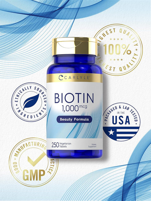Carlyle Biotin 1000mcg, 250 Vegetarian Tablets, Non-GMO Beauty Formula Supplement