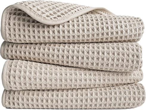POLYTE Microfiber Lint Free Hand Towel, 4 Pack, 16 x 30 in, Beige Waffle Weave