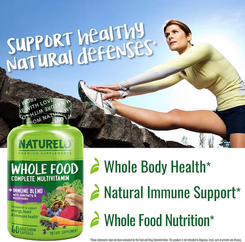 NATURELO Whole Food Multivitamin + Immune Blend with Elderberry & Mushrooms, 60 Vegan Capsules