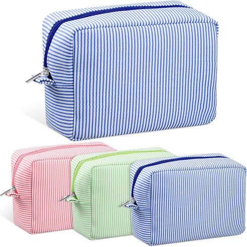 Sanwuta 3 Pack Seersucker Makeup Bag, Cute Stripe Cosmetic Pouch Gifts for Women and Girls (Pink, Blue, Green)