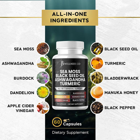 JB Wellness Co 60 Count Sea Moss Black Seed Oil Ashwagandha Turmeric Bladderwrack Burdock - with Manuka, Honey