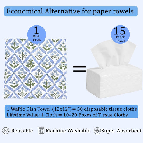 Set 12-12x12 Inch Ridhi Light Steel Blue Hand Block Print Cotton Waffle Dish Cloth of Super Absorbent, Soft, Reusable