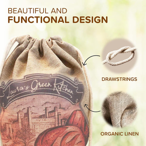 Laura's Green Kitchen Linen Bread Bag - 2 Packs Large Sourdough Bread Bags for Homemade Bread Storage, Beige
