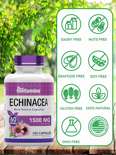 Echinacea Capsules, 1500 mg Per Serving, 180 Capsules, Herbal Extract Supplement, USA Made