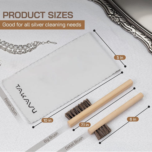 TAKAVU Horsehair Detail Brush Set, Silver Cleaning Brushes & Polish Cloth for Jewelry & Silverware