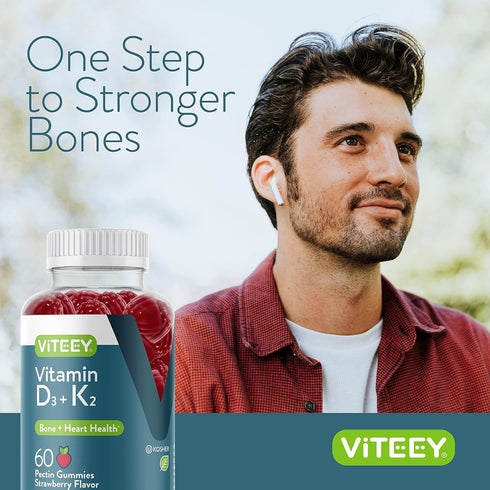 Vitamin D3 K2 Gummies, 1000 IU Vitamin D3 and K2 100mcg, Tasty Chewable Strawberry Flavored Gummy