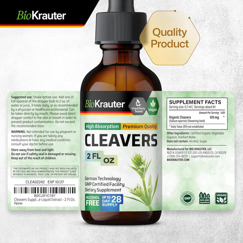 Cleavers Leaf Tincture, Organic Cleavers Herb Liquid Extract, Natural Body Detox, Vegan Drops, 2 Fl.Oz.