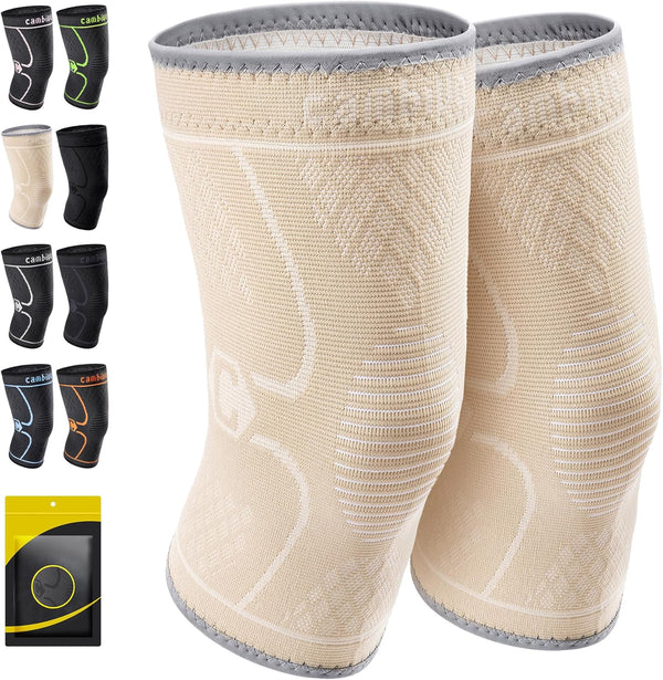 CAMBIVO 2 Pack Knee Compression Sleeve, Medium Beige Knee Brace for Men and Women, Support for Sports