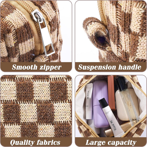 4Pcs Checkered Makeup Bag for Women, Knitted Small Cosmetic Pouch, Cute Aesthetic Travel Toiletry Organizer