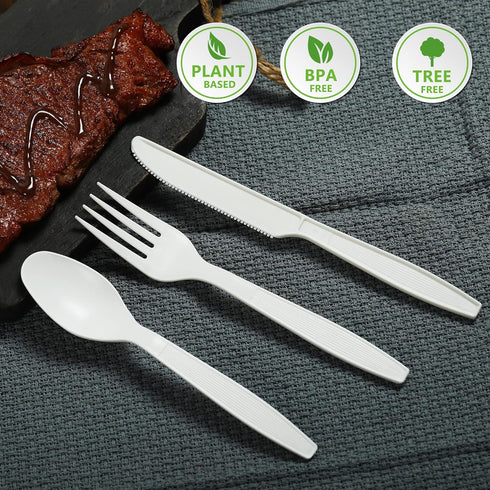HERLLY 100 Biodegradable Compostable Forks, Large Disposable Utensils for Parties, Eco-Friendly and Durable