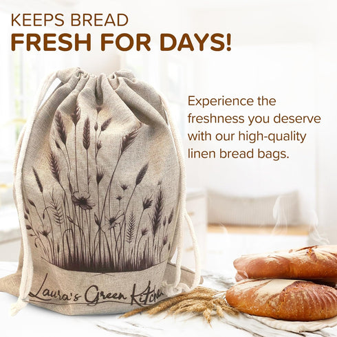 Laura's Green Kitchen Linen Bread Bag - 2 Packs Large Sourdough Bread Bags for Homemade Bread Storage, Beige