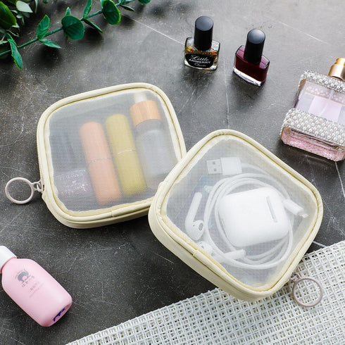 Weewooday 4 Pcs Mesh Makeup Bag, Mini Portable Cosmetic Travel Toiletry Pouch with Zipper for Daily Accessories (Beige,