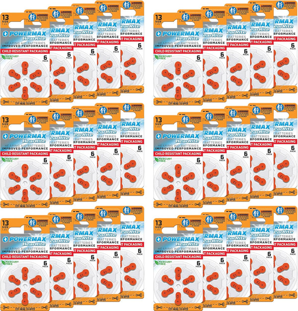 Powermax Size 13 Hearing Aid Batteries, 180 Count Long-Lasting Battery Pack, Orange Long Tab