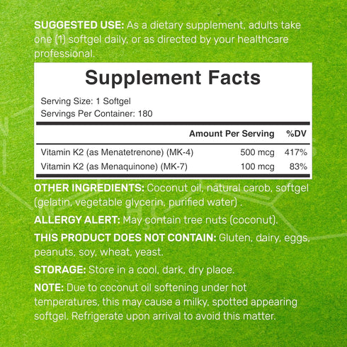 Vitamin K2 Supplement 600mcg, 180 Virgin Coconut Oil Softgels (6 Month Supply) – Full Spectrum MK-7 & MK-4 Forms, High Absorption, Triple Strength K Vitamins – Bone, Joint, & Immune Support – Non-GMO