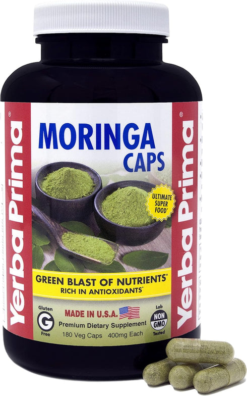 Yerba Prima Moringa - 180 Count Veg Caps - 400mg Pure Dried Leaf Powder, Non-GMO, Vegan Friendly