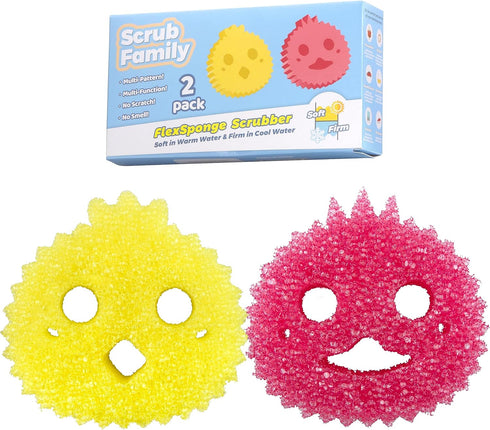 Functional Sponge Scrubber Set - Daddy Mommy Daily Scrub Sponge, 2 Animal Patterns, Scratch Free, 2ct