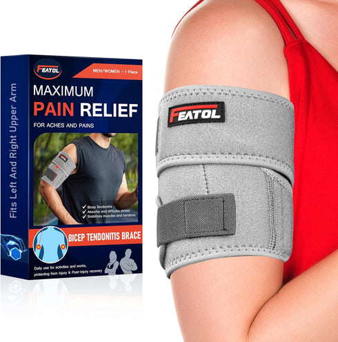 FEATOL Bicep Tendonitis Brace, Upper Arm Compression Sleeve for Men and Women, Pain Relief for Muscle Strains