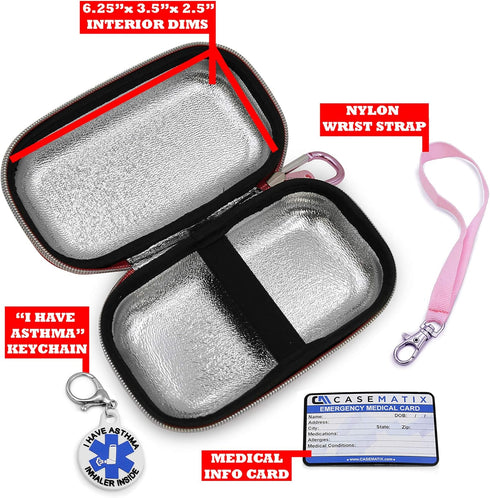 CASEMATIX Pink Insulated Travel Bag Case for Asthma Inhaler, Compatible with Chamber Inhaler Spacer, Masks, and More -