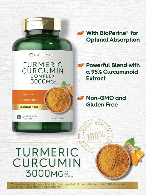 Carlyle Turmeric Curcumin 3000mg with Black Pepper - 180 Non-GMO Gluten Free Capsules, Curcuminoids & Bioperine