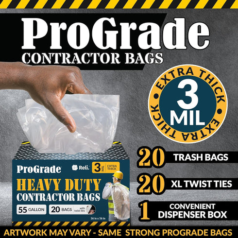 Reli. Contractor Trash Bags 55 Gallon Heavy Duty (20 Bags) | Contractor Garbage Bags 3 Mil | Twist Ties Included | Large Garbage Bags | Clear Contractor Bags/Construction | Heavy Duty by Reli.