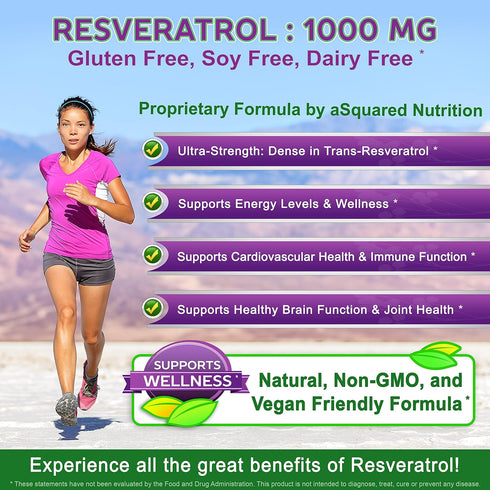 100% Natural Resveratrol Supplement, 1000mg Max Strength (180 Capsules) for Heart Health & Antioxidants