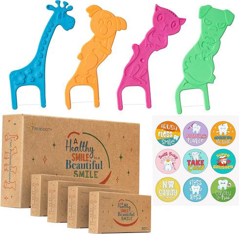 Biodegradable Kids Flossers - 200 Pack, Natural Fluoride Free Organic Animal Dental Floss Picks for Kids (Mild Orange)