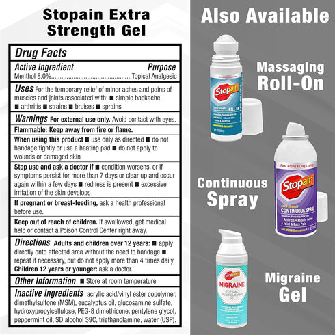Stopain Pain Relief Gel 16oz - Max Strength Fast Acting with Menthol, MSM, Glucosamine for Joint, Back, Arthritis Pain,